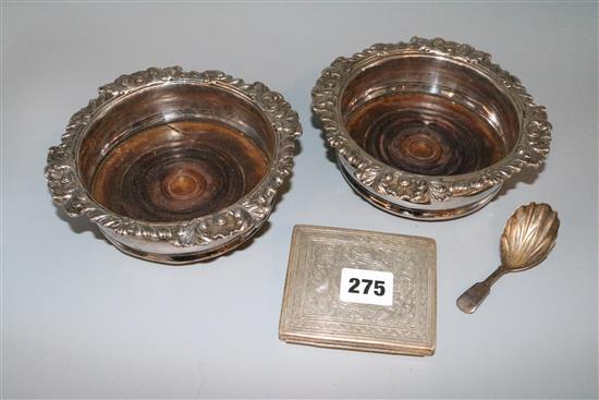 Egyptian silver case, pair of Old Sheffield plate coasters and a silver caddy spoon